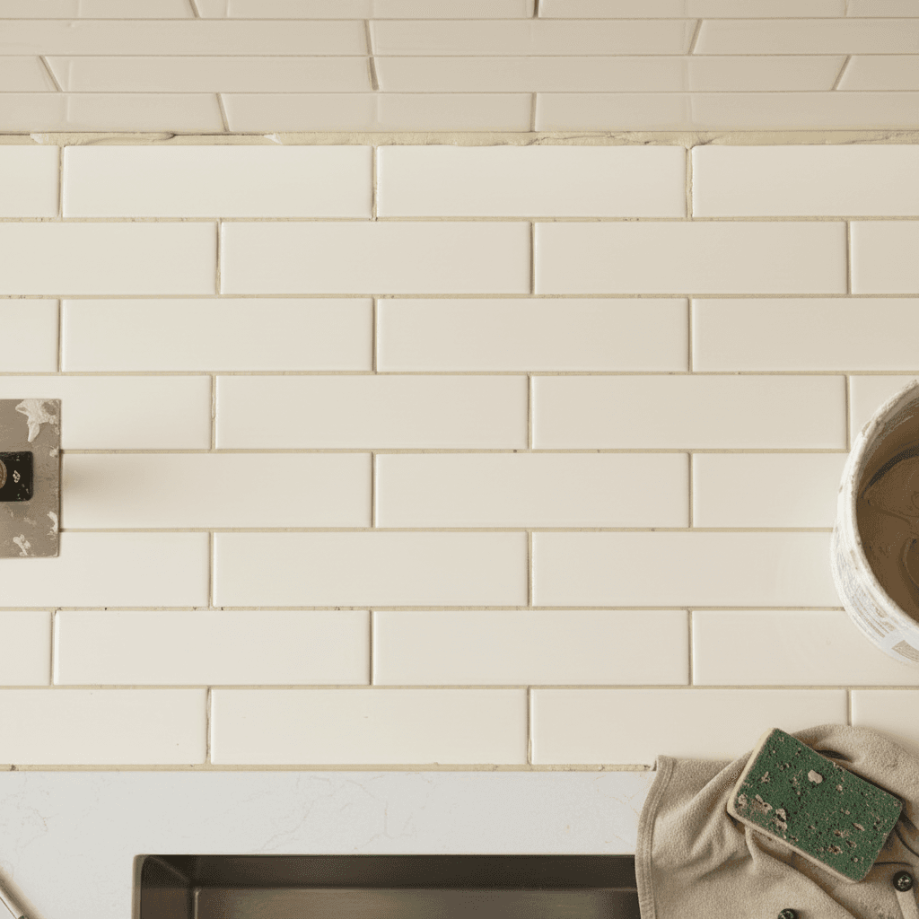 Kitchen backsplash with cream epoxy grout and subway tiles