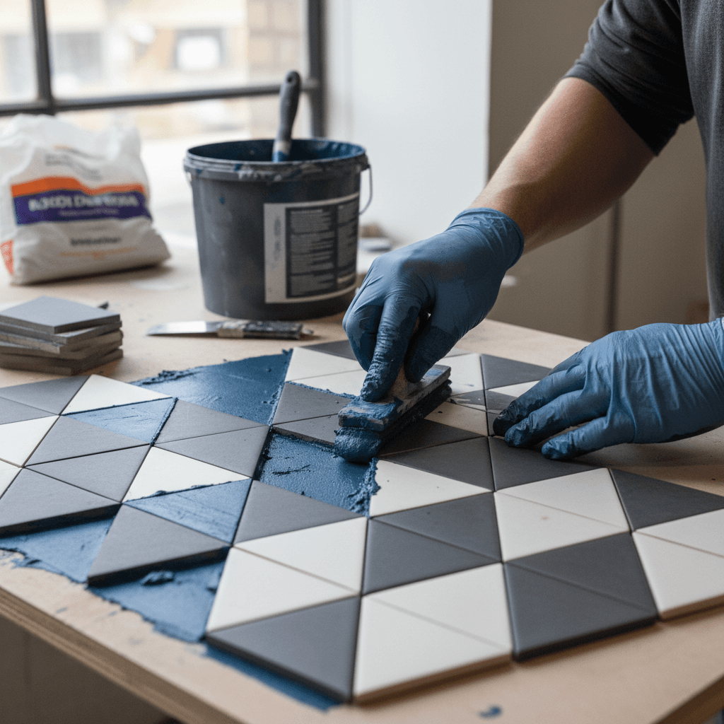 Epoxy grout application on geometric patterned tiles in progress